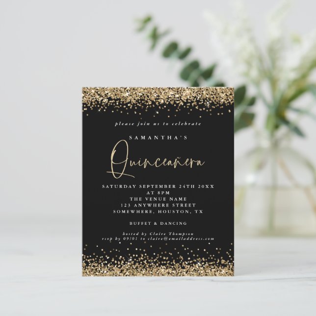 Budget Gold Glitter Quinceañera 15th Party Black (Standing Front)