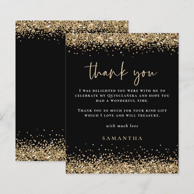 Budget Gold Glitter Quinceañera Party Thanks Black (Front/Back)