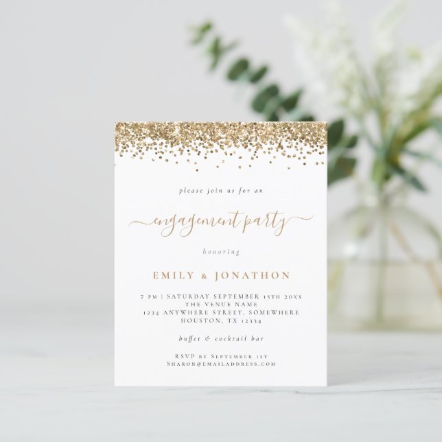 Budget Gold Glitter Script Engagement Party Invite (Standing Front)