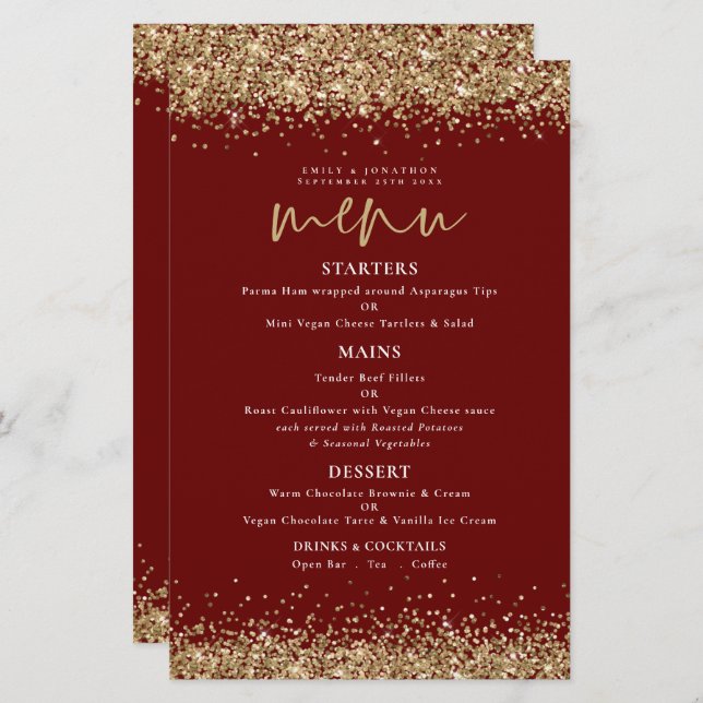 Budget Gold Glitter Script Wedding Burgundy Menu (Front/Back)