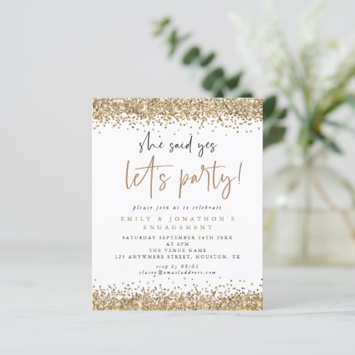 Budget Gold Glitter She Said Yes Engagement Invite