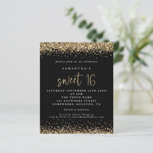 Budget Gold Glitter Sweet 16 Black Birthday | Zazzle