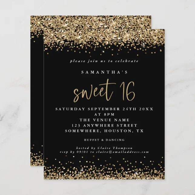 Budget Gold Glitter Sweet 16 Black Birthday | Zazzle