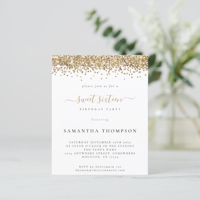 Budget Gold Glitter Sweet Sixteen Invitation (Standing Front)