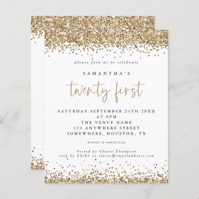 Budget Gold Glitter Twenty First Party Invitation (Front/Back)
