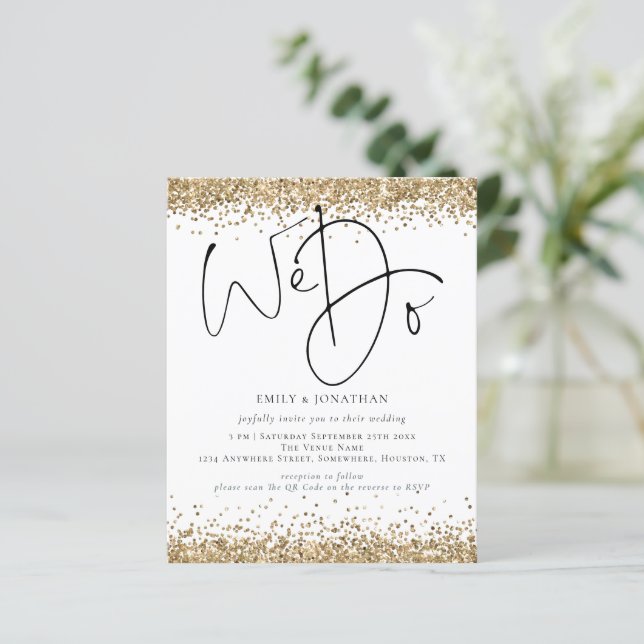 Budget Gold Glitter We Do QR Wedding Invite (Standing Front)