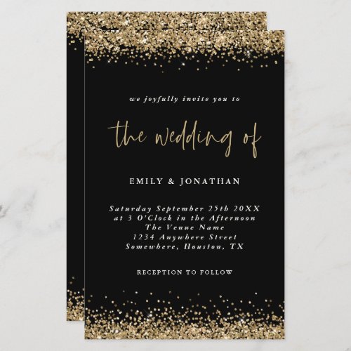 Budget Gold Glitter Wedding Black Invitation