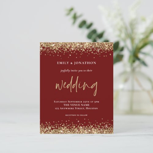 Budget Gold Glitter Wedding Burgundy Invitation