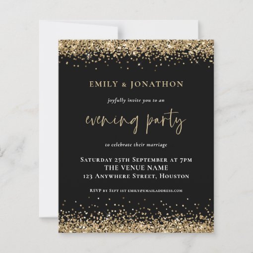 BUDGET Gold Glitter Wedding Evening Black Invite | Zazzle