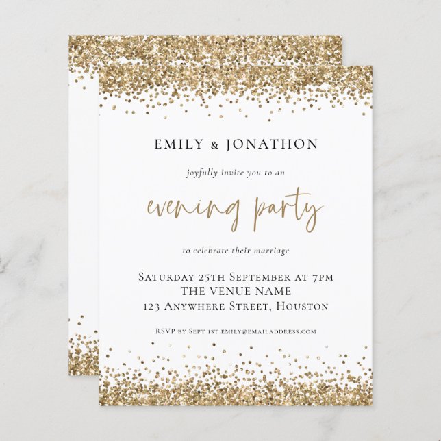 BUDGET Gold Glitter Wedding Evening Party Invite (Front/Back)