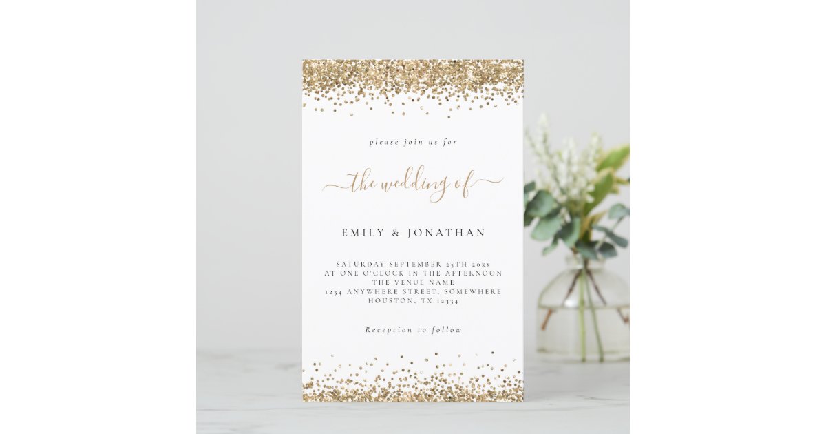 Budget Gold Glitter Wedding White Invitation | Zazzle