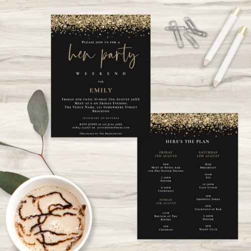 Budget Gold Glitter Weekend Hen Party Black Invite