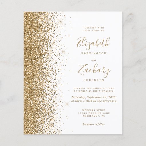 Budget Gold Glitter White Wedding Invitation | Zazzle