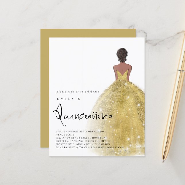 Budget Gold Gown Girl Dark Hair QR Quinceañera (Front/Back In Situ)