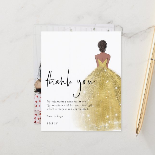 Budget Gold Gown Photo Quinceañera Thank You (Front/Back In Situ)