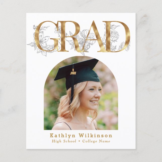BUDGET Gold GRAD Floral 5 Photo Grad Invitation (Front)