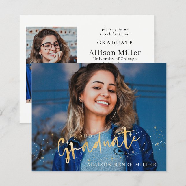 Budget Gold Graduate 2 photos Graduation Invite (Front/Back)