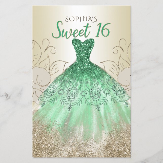 Budget Gold Green Dress Sweet 16 Invitation (Front)