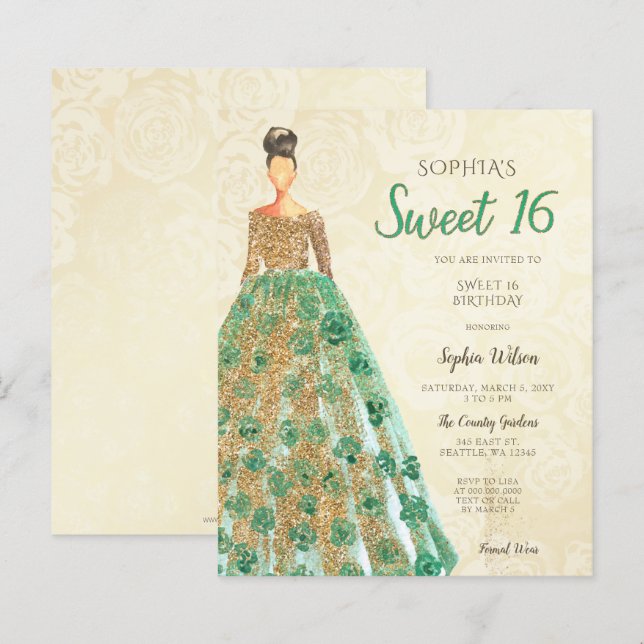 Budget Gold Green Dress Sweet 16 Invitation (Front/Back)
