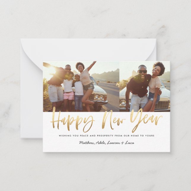budget gold happy new year multi photo new year note card (Front)