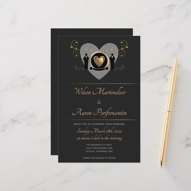 Budget Gold Heart Wedding LGBTQ Wedding Invitation (Front/Back In Situ)
