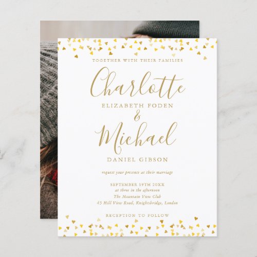 Budget Gold Hearts Confetti Photo Wedding Invite