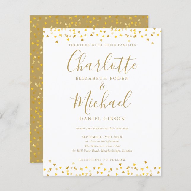 Budget Gold Hearts Confetti Script Wedding Invite (Front/Back)