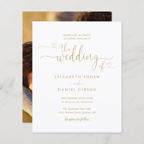 Budget Gold Hearts Script Photo Wedding Invitation - This elegant budget wedding invitation can be personalized with your celebration details set in chic gold typography and your special photo on the reverse. Designed by Thisisnotme©