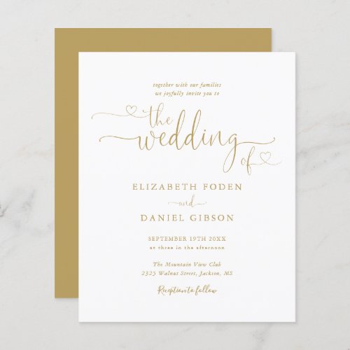 Budget Gold Hearts Script Wedding Invitation - This elegant budget wedding invitation can be personalized with your celebration details set in chic gold typography. Designed by Thisisnotme©