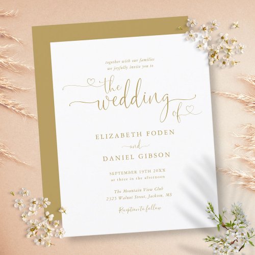 Budget Gold Hearts Script Wedding Invitation