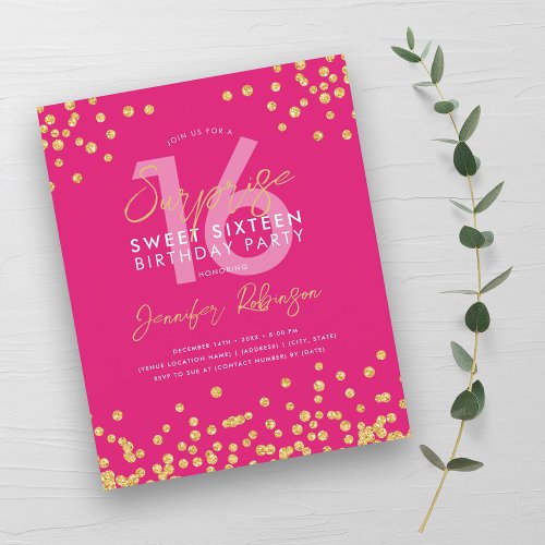 Budget Gold Hot Pink Confetti Surprise Sweet 16 