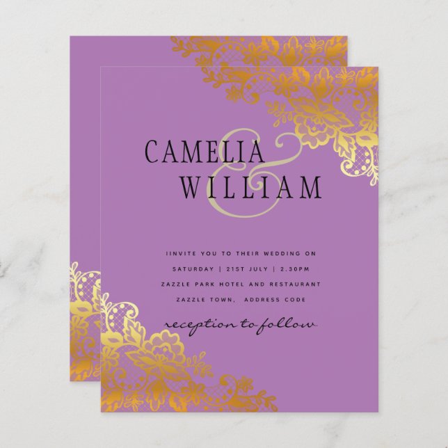 BUDGET Gold Lace Classic Ampersand Wedding Invite (Front/Back)