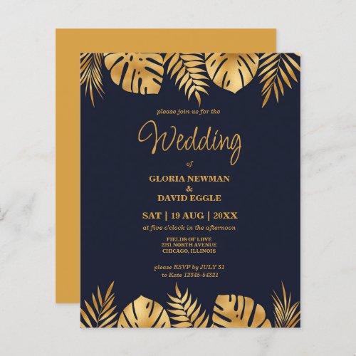 Budget Gold Leaves on Blue wedding invitation