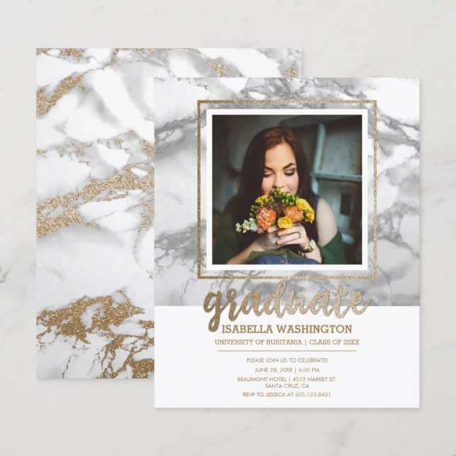 Budget Gold Marble Script Photo Graduation Party (Front/Back)