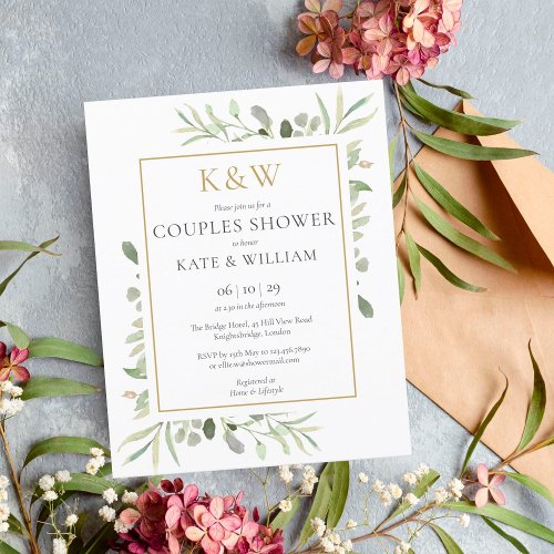 Budget Gold Monogram Foliage Couples Shower Invite