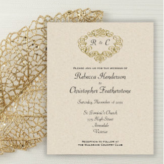 Budget Gold Monogrammed Crest Wedding Invitation