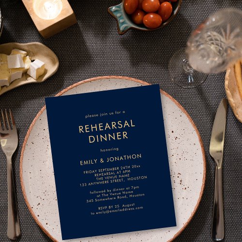 Budget Gold Navy Blue Rehearsal Dinner Invitation