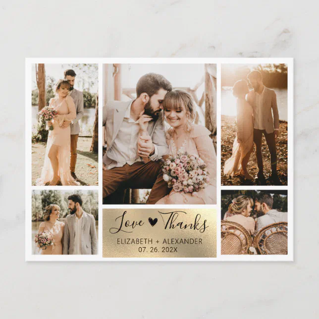 Budget Gold Photo Collage Wedding Thank You Postcard | Zazzle