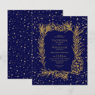 BUDGET Gold pine navy blue wedding invitation