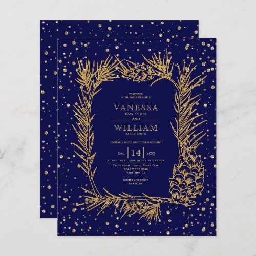 BUDGET Gold pine navy blue wedding invitation