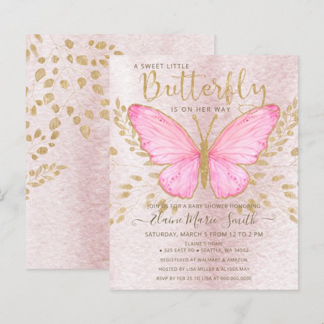 Budget Gold Pink Butterfly Baby Shower Invitation (Front/Back)