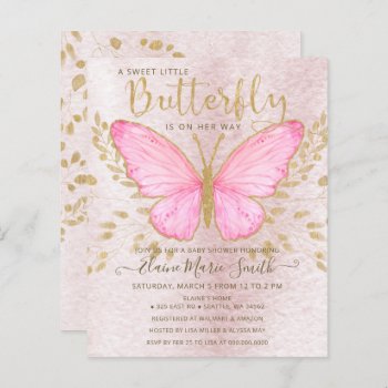 Budget Gold Pink Butterfly Baby Shower Invitation by Invitationboutique at Zazzle