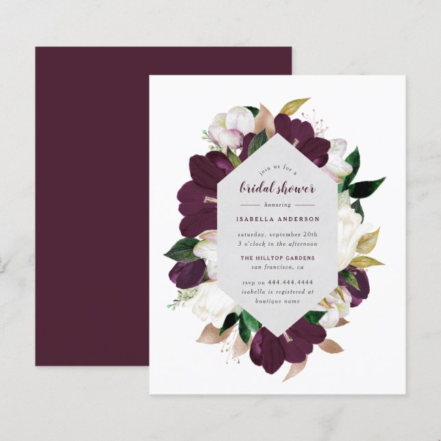 Budget Gold & Plum Purple Floral Bridal Shower (Front/Back)