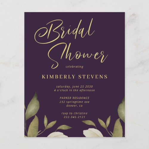 Budget gold purple bridal shower invitation