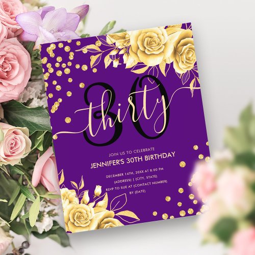 Budget Gold Purple Floral Glitter 30th Birthday  Flyer