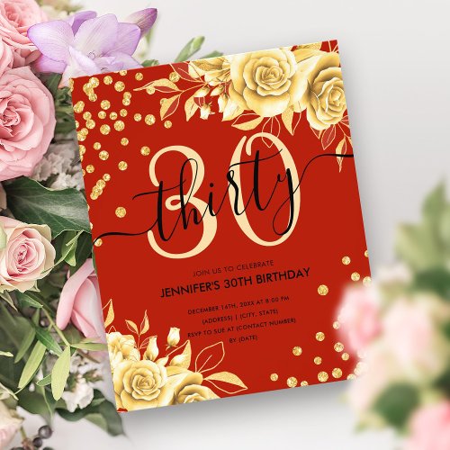 Budget Gold Red Floral Glitter 30th Birthday  Flyer
