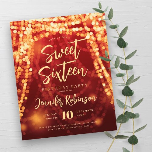 Budget Gold Red String Lights Sweet 16 Invite Flyer