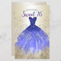 Royal Blue Floral Dress Butterfly Quinceanera Gold Foil Invitation, Zazzle
