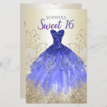 Budget Gold Royal Blue Dress Sweet 16  Invitation