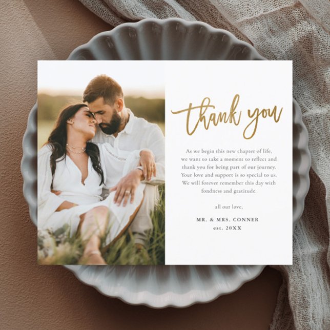 Budget Gold Script 2 Photo Wedding Thank You Card (Modern gold script wedding photo budget thank you card.)